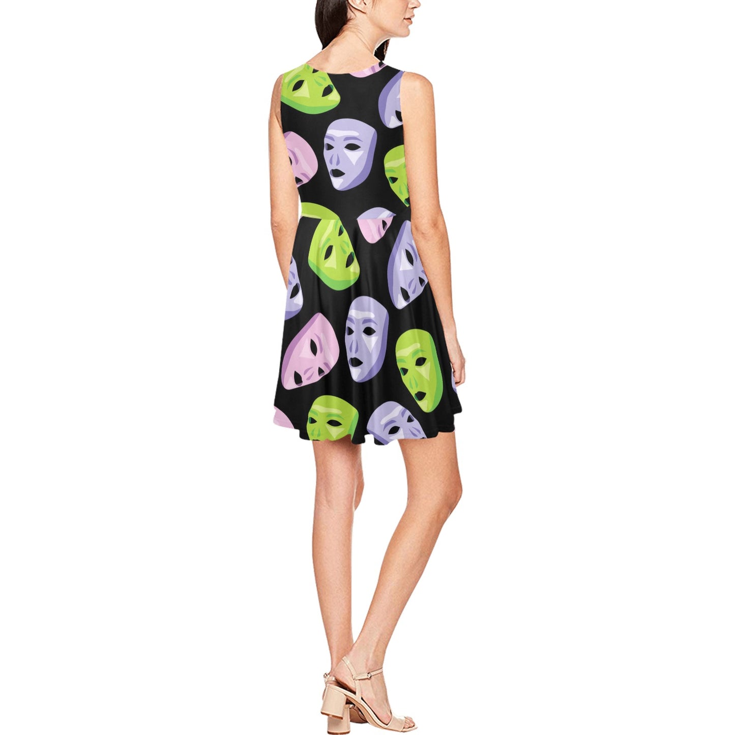 Acting Mask Pattern Print Design 04 Sleeveless Dress