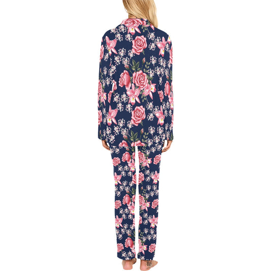 Rose Pattern Print Design A05 Women's Long Pajama Set