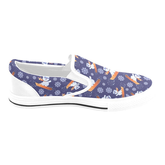 Snowboard Bear Print Design LKS305 White Slip Ons Canvas Women's Shoes