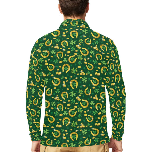 Shamrock Horse Shoes Saint Patrick's Day Print Design LKS307 Long Sleeve Polo Shirt For Men's