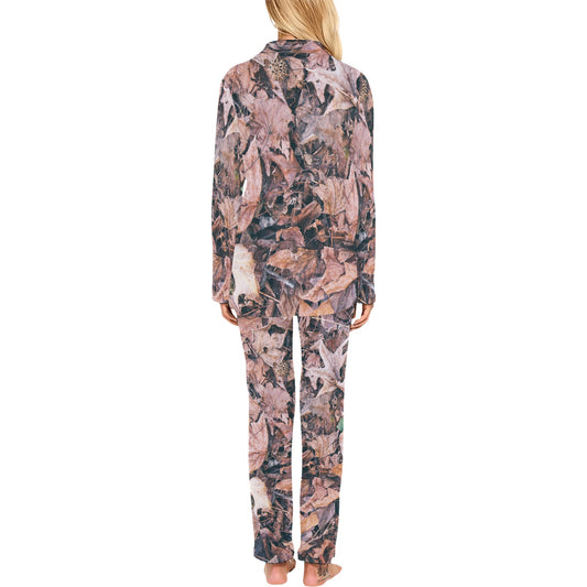 Camouflage Realistic Tree Leaf Print Women's Long Pajama Set