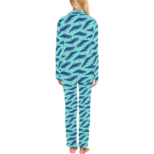Whale Polka Dot Design Themed Print Women's Long Pajama Set