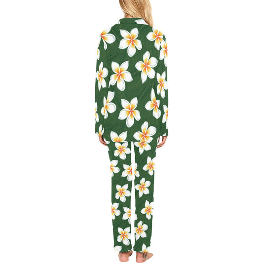 White Plumeria Pattern Print Design PM020 Women's Long Pajama Set