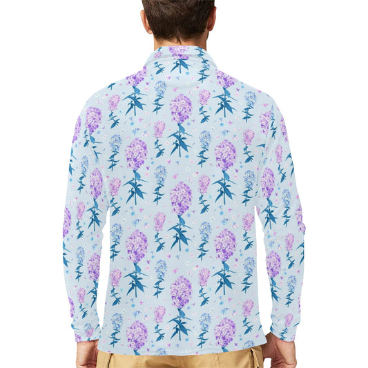 Lilac Pattern Print Design LI05 Long Sleeve Polo Shirt For Men's