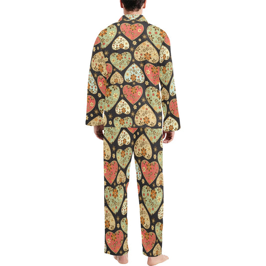 Heart Boho Pattern Print Design HE04 Men's Long Pajama Set