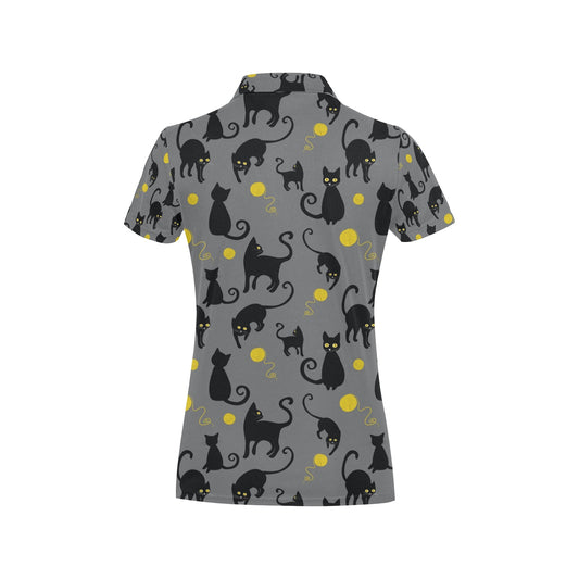 Black Cat Yellow Yarn Print Pattern Women's Polo Shirt