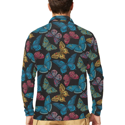 Butterfly Mandala Style Long Sleeve Polo Shirt For Men's