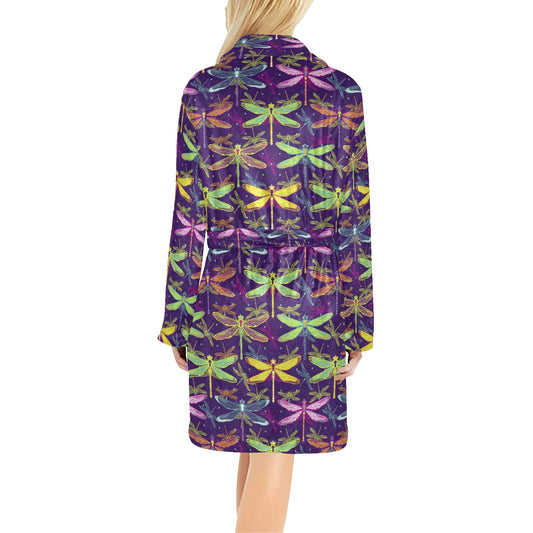 Dragonfly Neon Color Print Pattern Women's Fleece Robe