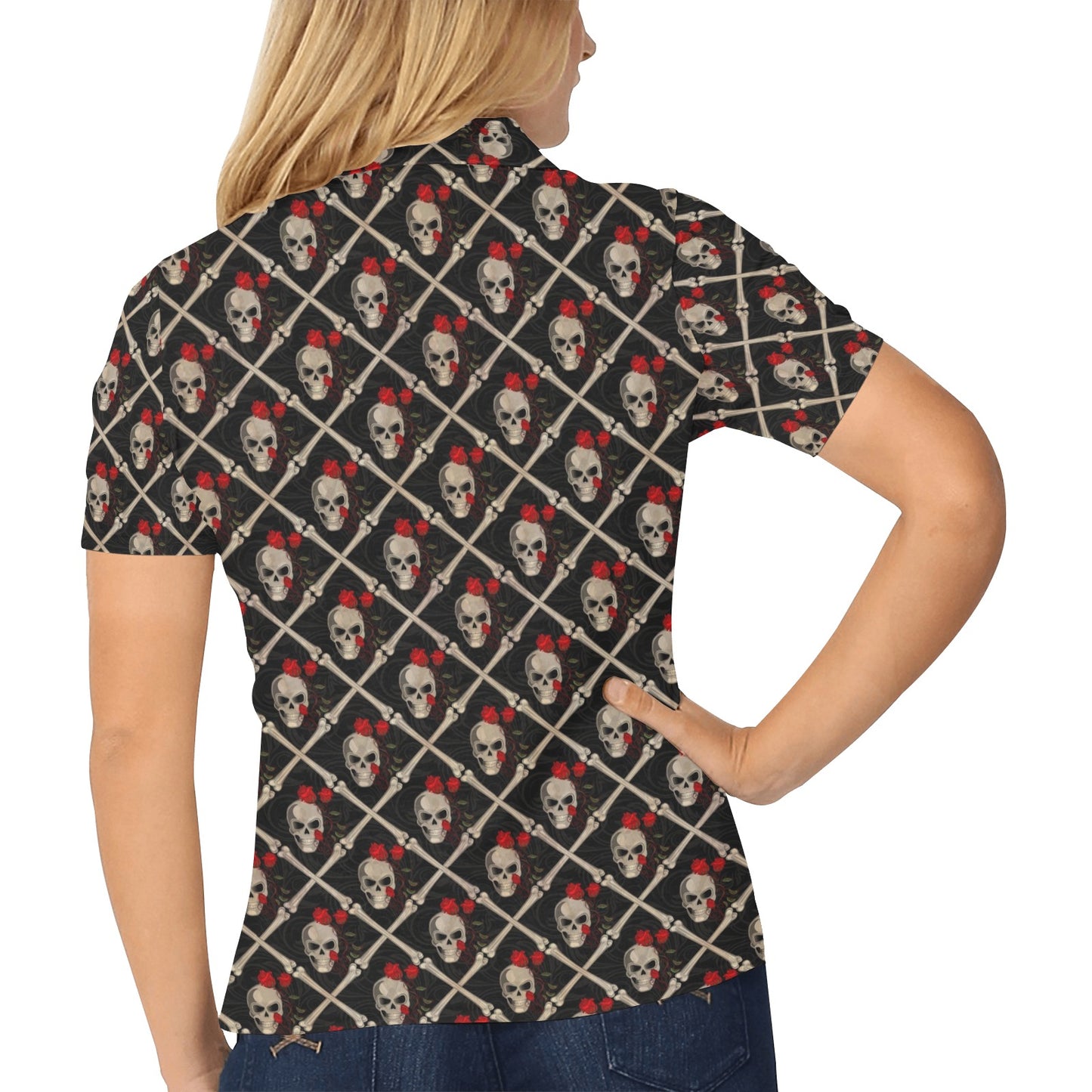 Skull Roses Bone Design Themed Print Women's Polo Shirt