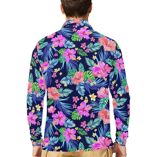 Neon Hibiscus Pattern Print Design HB016 Long Sleeve Polo Shirt For Men's