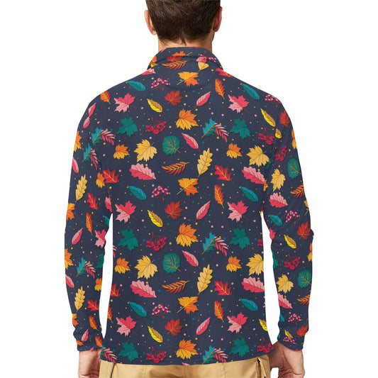 Elm Leave Colorful Print Pattern Long Sleeve Polo Shirt For Men's