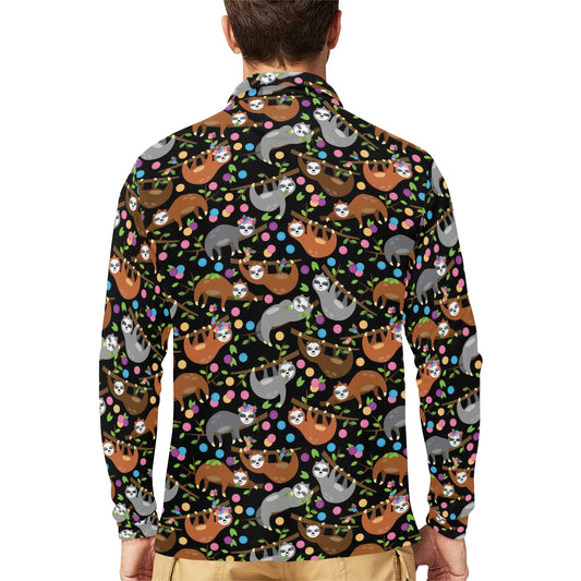 Sloth Print Design LKS306 Long Sleeve Polo Shirt For Men's