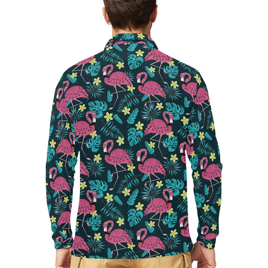 Flamingo Print Pattern Long Sleeve Polo Shirt For Men's