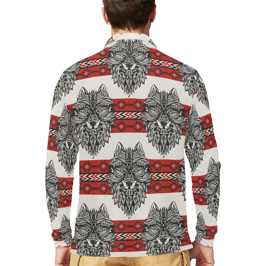 Native Indian Wolf Long Sleeve Polo Shirt For Men's