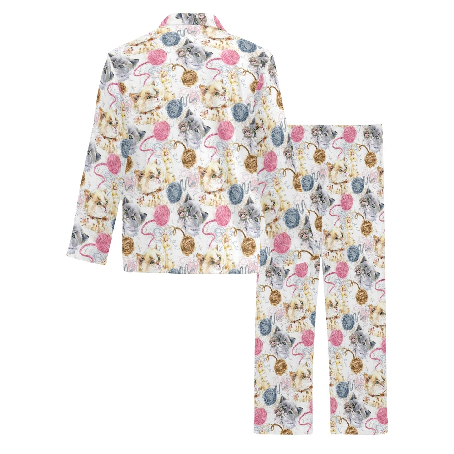 Cat Playing Yarn Pattern Print Design 07 Men's Long Pajama Set
