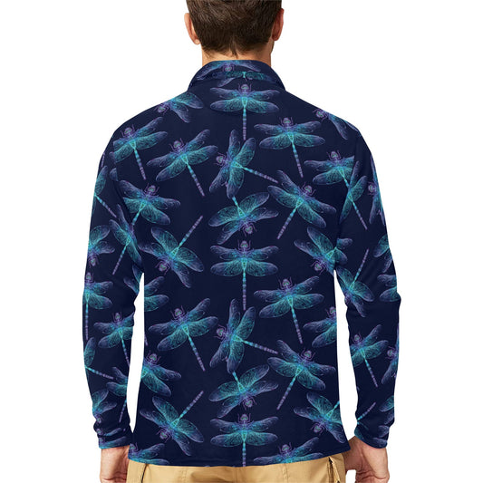 Dragonfly Hand Drawn Style Print Long Sleeve Polo Shirt For Men's