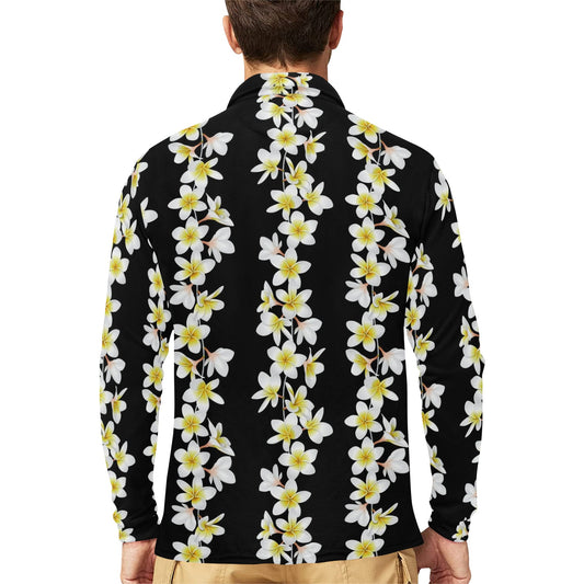 White Plumeria Pattern Print Design PM08 Long Sleeve Polo Shirt For Men's