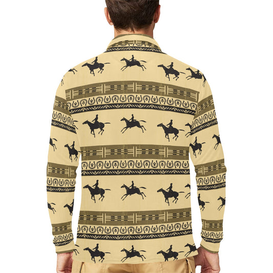 Horse Pattern Prnt Long Sleeve Polo Shirt For Men's
