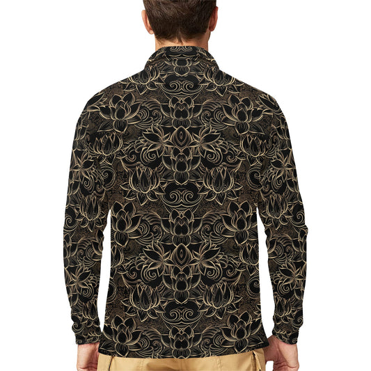 Lotus Gold Mandala Design Themed Long Sleeve Polo Shirt For Men's