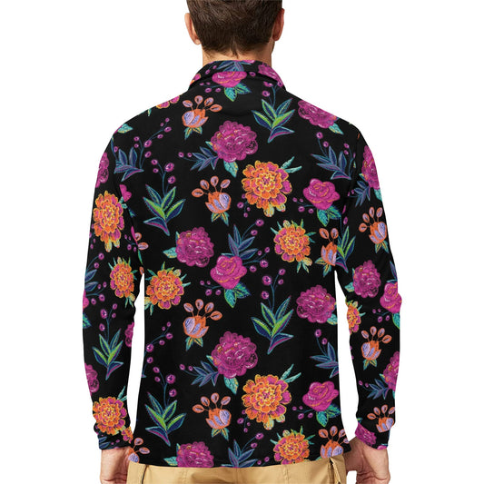 Marigold Pattern Print Design MR02 Long Sleeve Polo Shirt For Men's