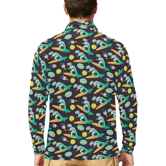 Surfboard T Rex Print Design LKS301 Long Sleeve Polo Shirt For Men's