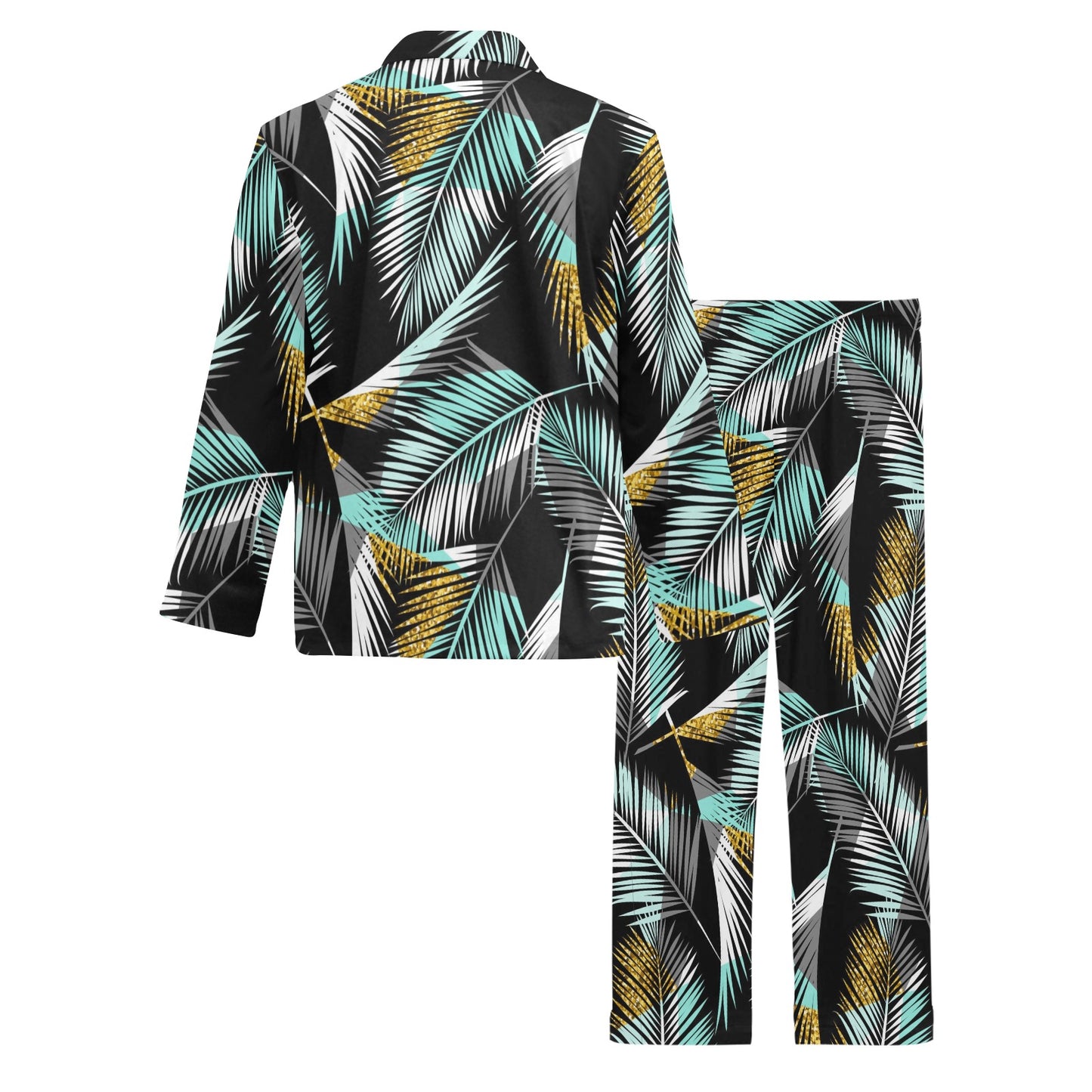 Gold Glitter Cyan Tropical Palm Leaves Men's Long Pajama Set