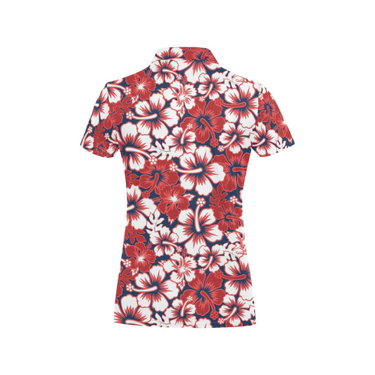 Red Hibiscus Embroidered Pattern Print Design HB032 Women's Polo Shirt