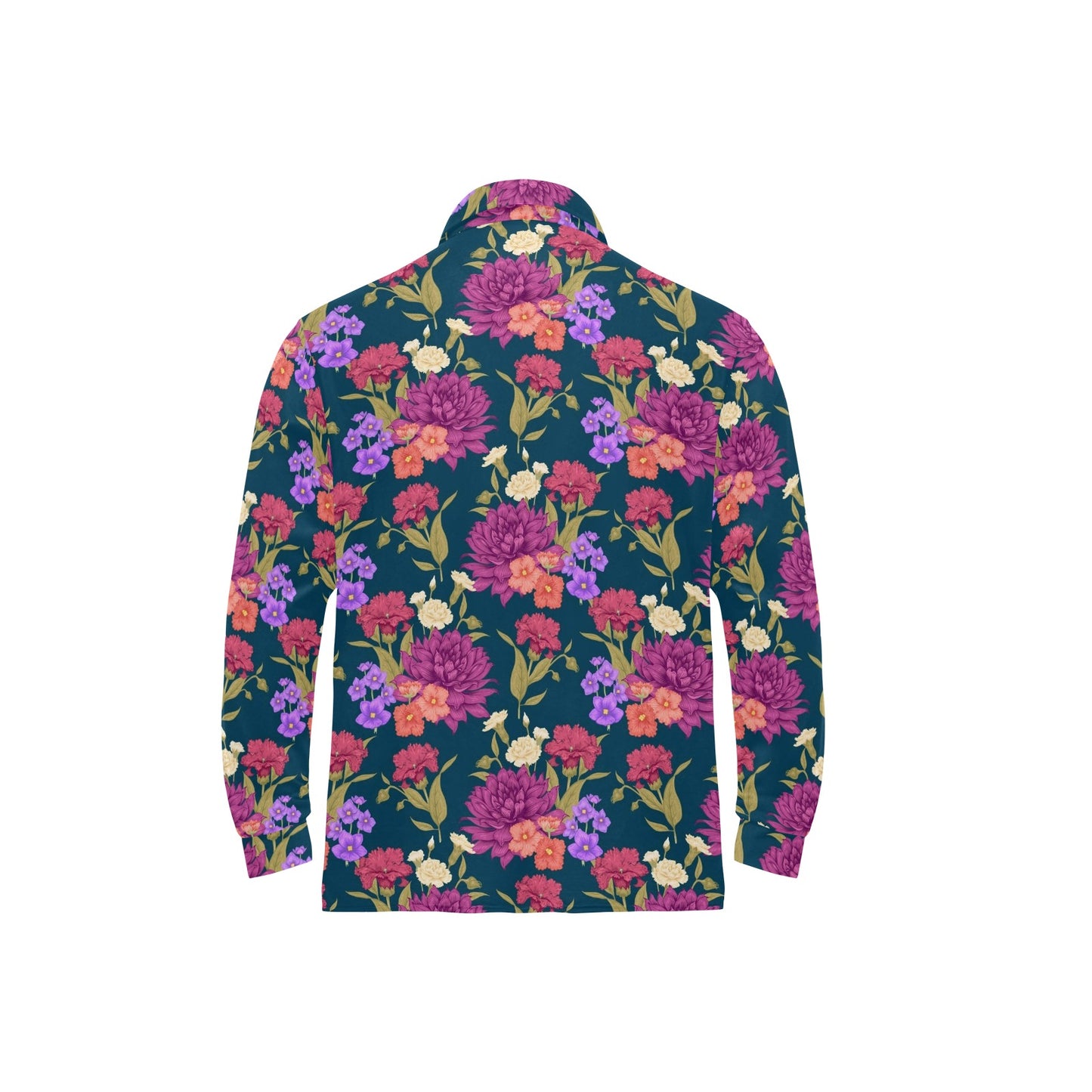 Dahlia Pattern Print Design DH01 Long Sleeve Polo Shirt For Men's
