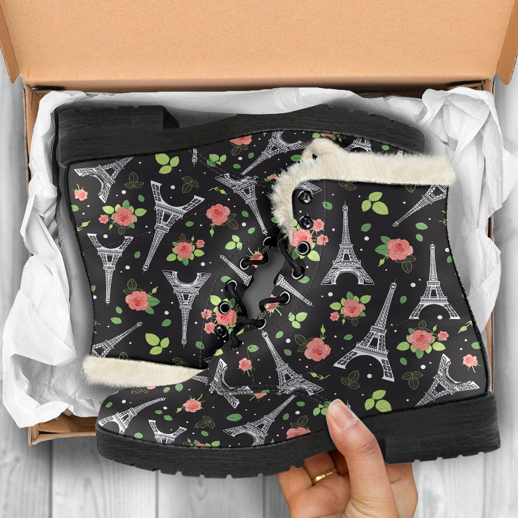 Eiffel Tower Rose Print Faux Fur Leather Boots-JTAMIGO.COM