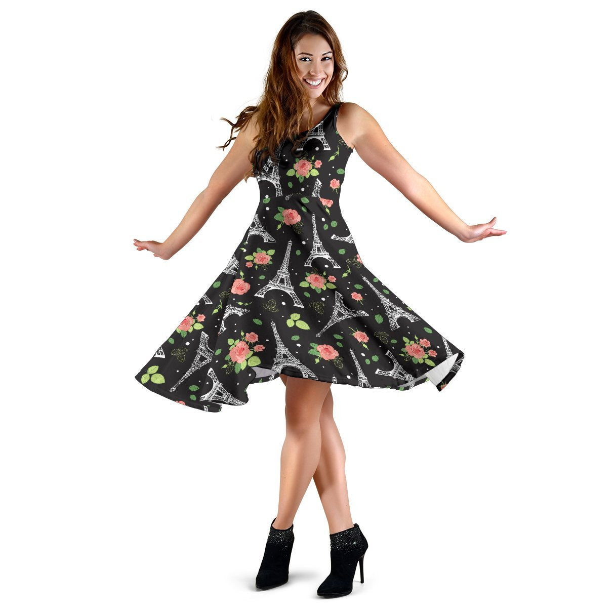 Eiffel Tower Rose Print Sleeveless Dress