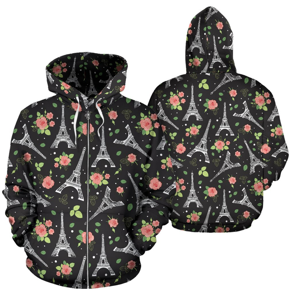 Eiffel Tower Rose Print Zip Up Hoodie