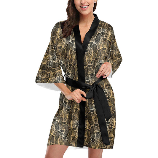Elegant Gold leaf Print Women Short Kimono Robe