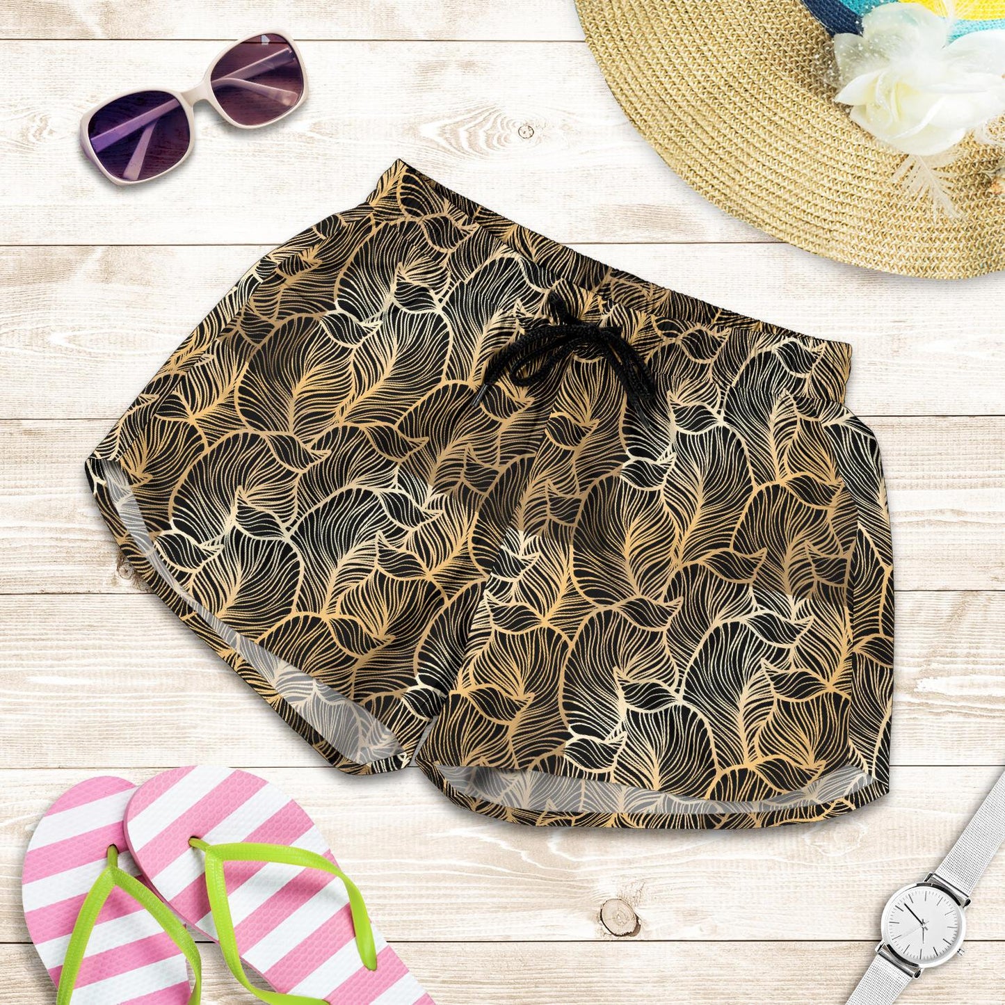 Elegant Gold leaf Print Women Shorts-JTAMIGO.COM
