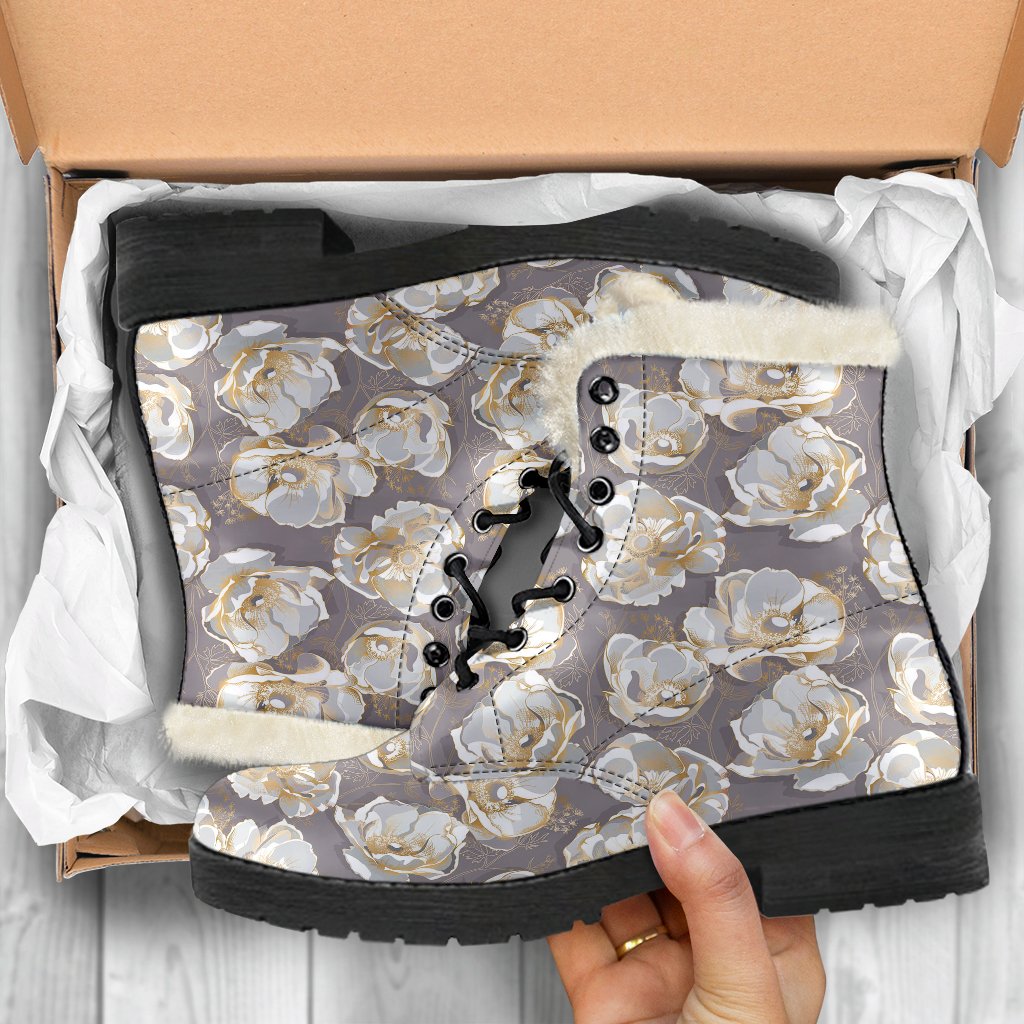 Elegant Grey Flower Print Faux Fur Leather Boots-JTAMIGO.COM