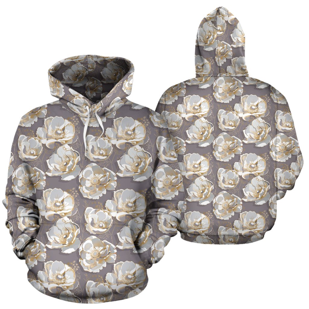 Elegant Grey Flower Print Pullover Hoodie