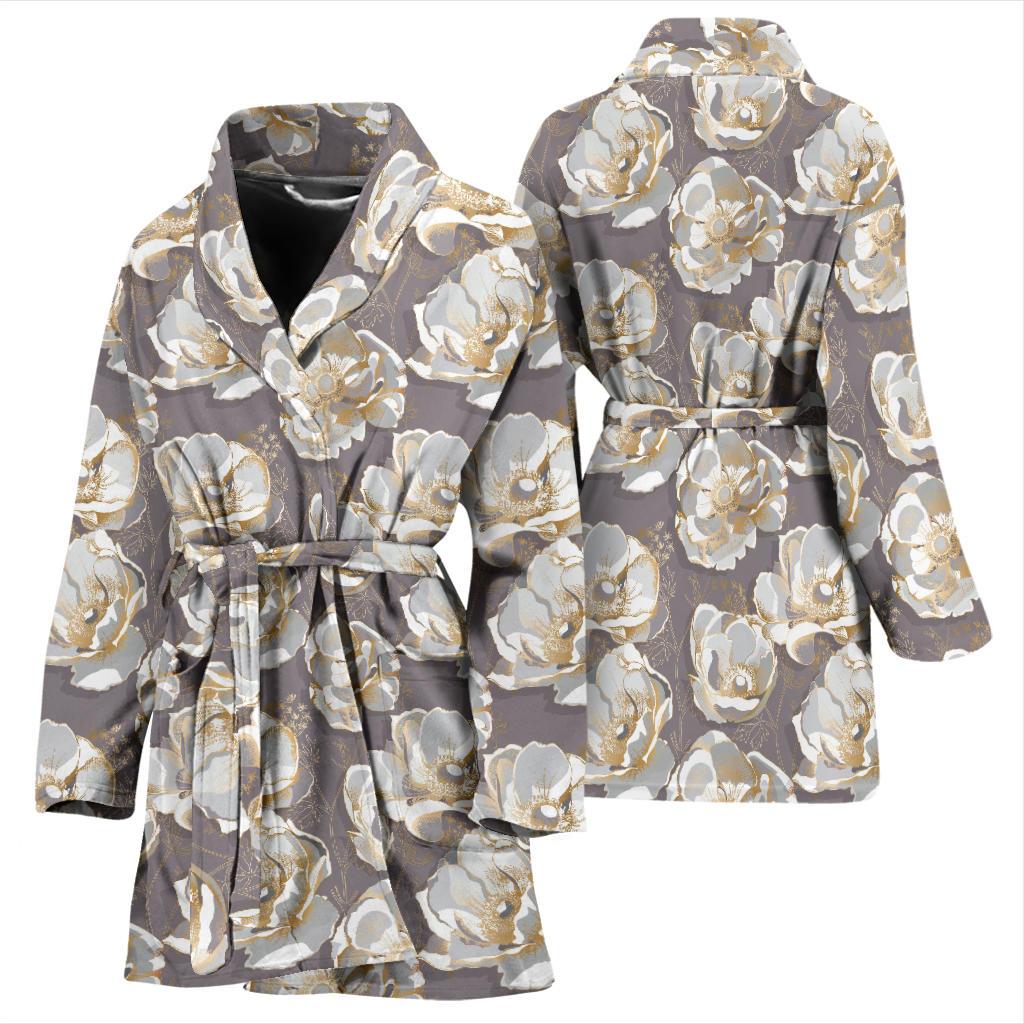 Elegant Grey Flower Print Women Bath Robe-JTAMIGO.COM
