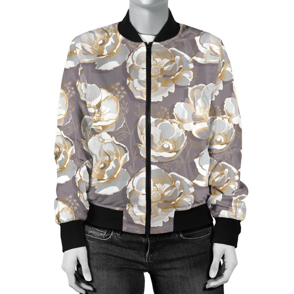 Elegant Grey Flower Print Women Casual Bomber Jacket