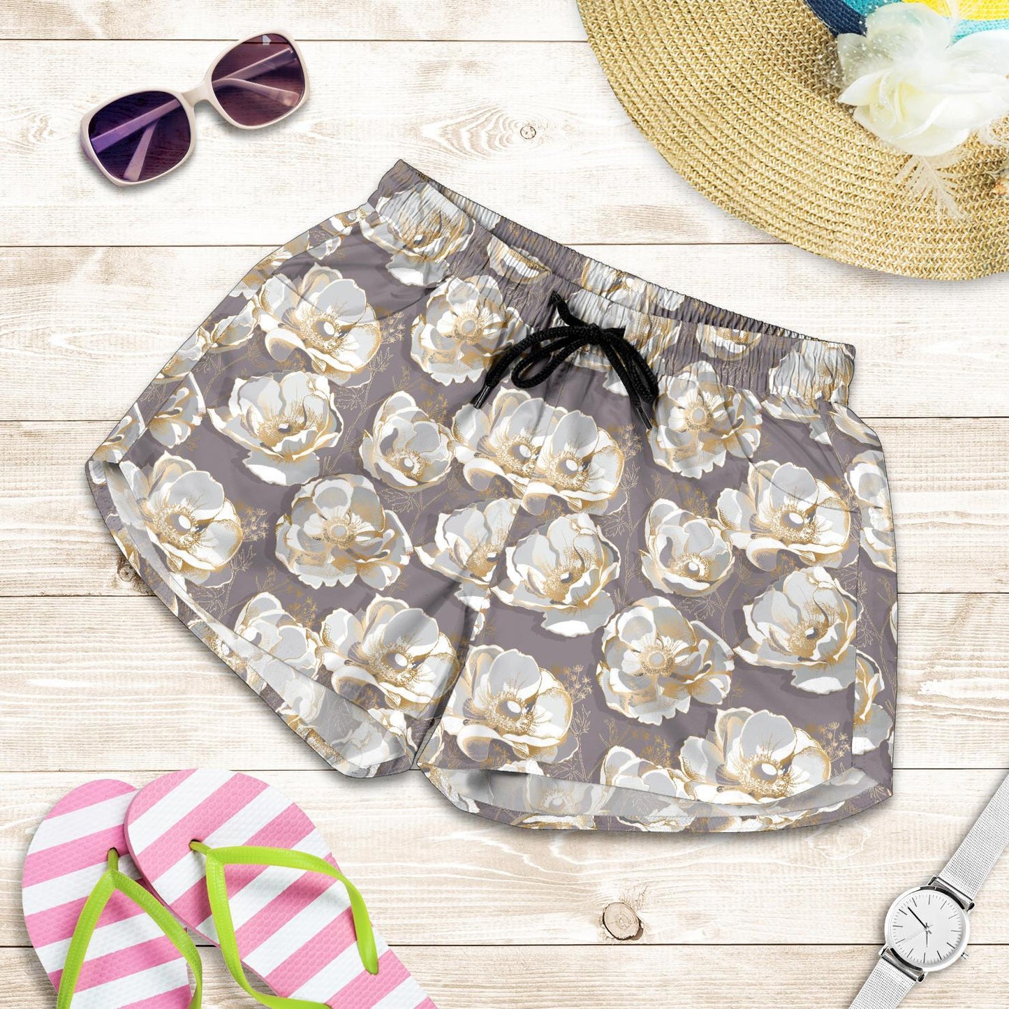 Elegant Grey Flower Print Women Shorts-JTAMIGO.COM