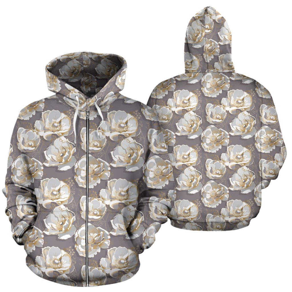 Elegant Grey Flower Print Zip Up Hoodie