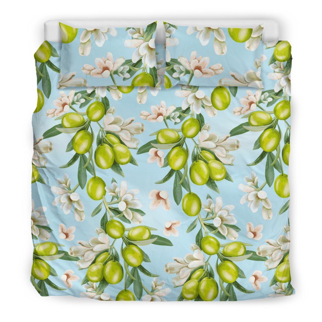 Elegant Olive Floral Print Duvet Cover Bedding Set