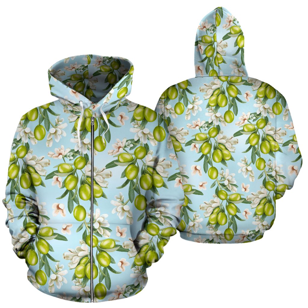 Elegant Olive Floral Print Zip Up Hoodie