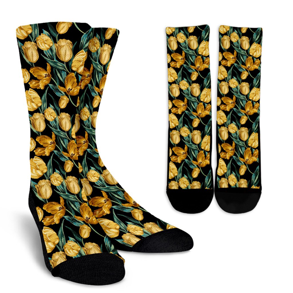Elegant Yellow Tulip Print Crew Socks