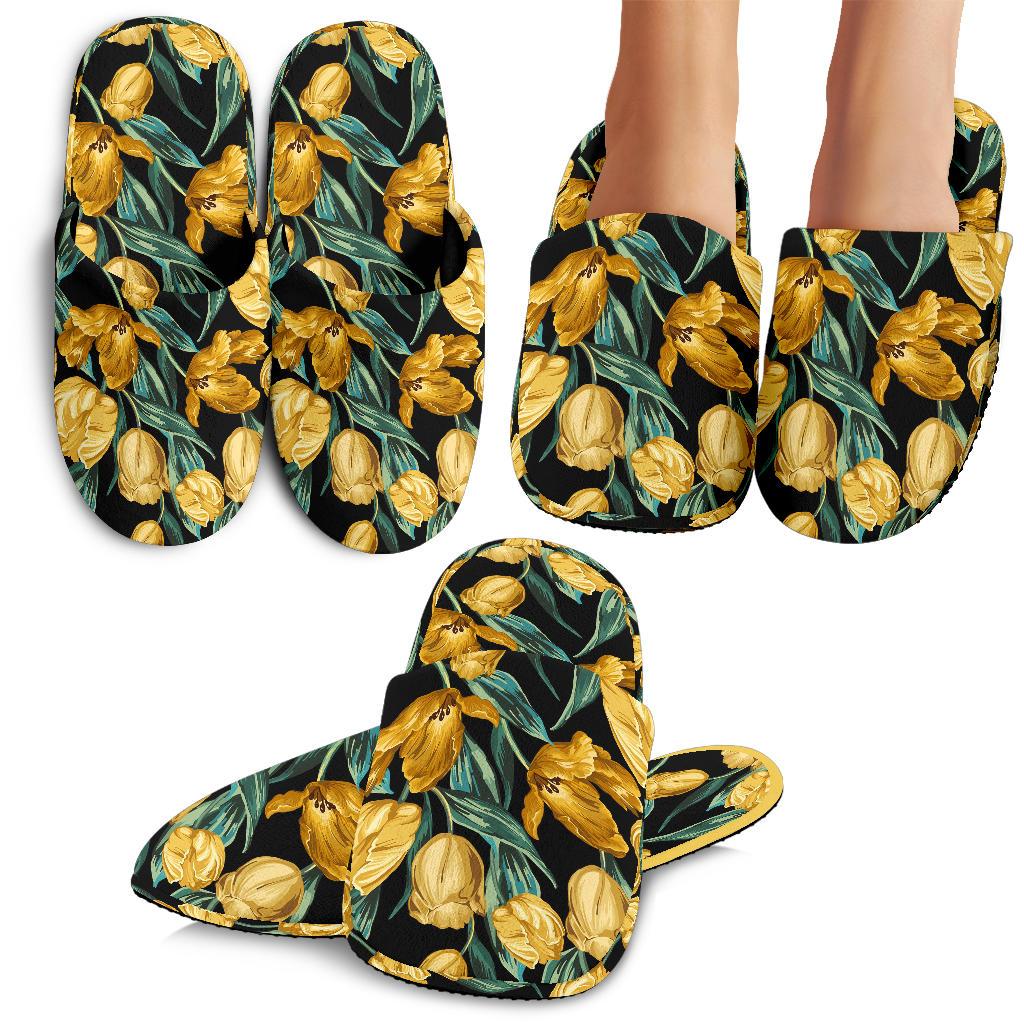 Elegant Yellow Tulip Print House Slippers