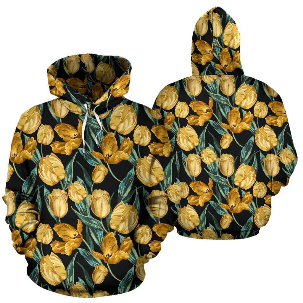 Elegant Yellow Tulip Print Pullover Hoodie
