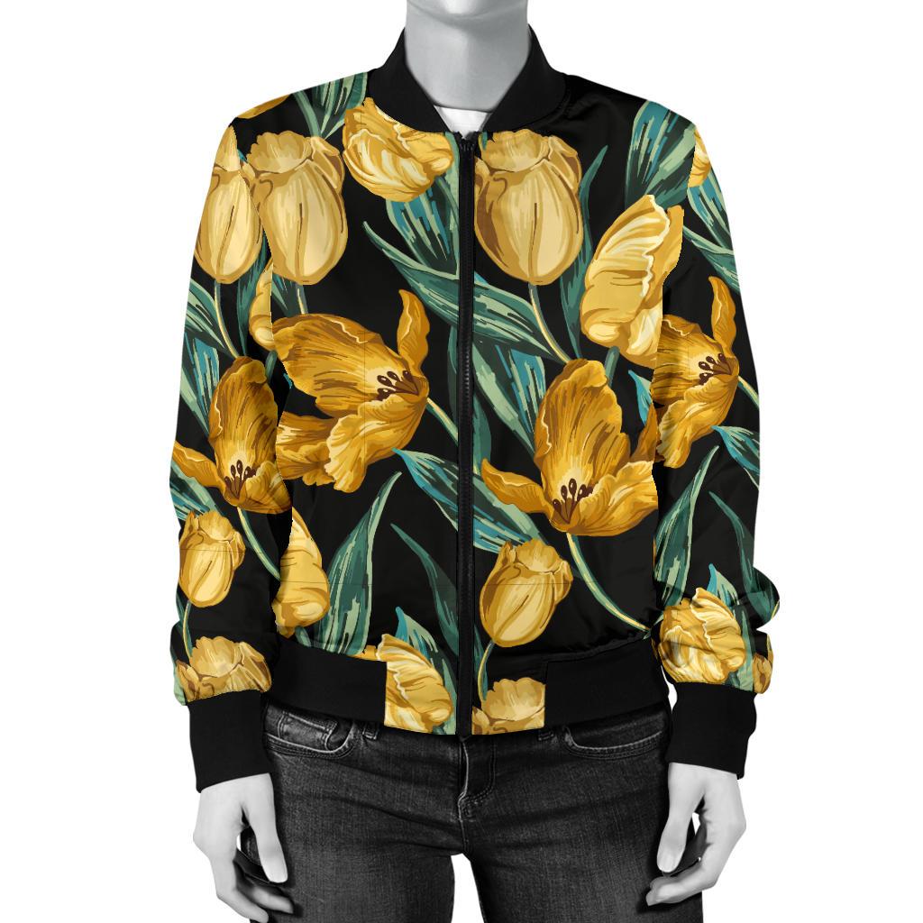 Elegant Yellow Tulip Print Women Casual Bomber Jacket