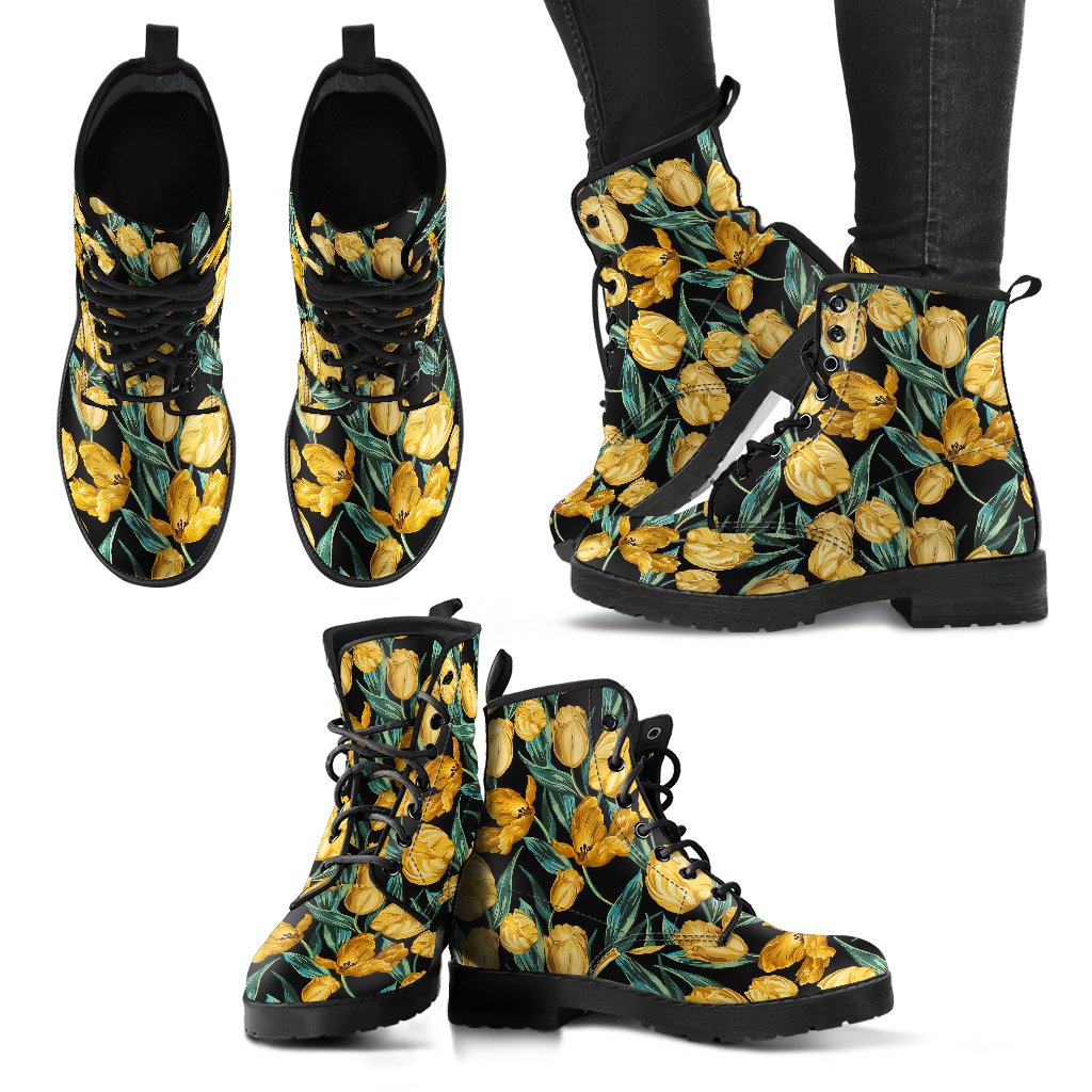 Elegant Yellow Tulip Print Women Leather Boots-JTAMIGO.COM