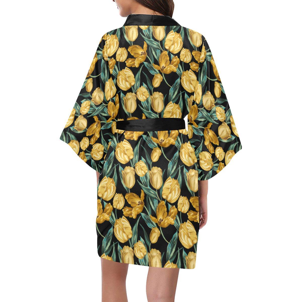 Elegant Yellow Tulip Print Women Short Kimono Robe