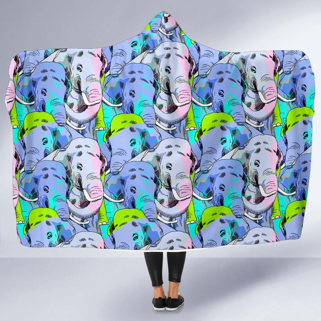 Elephant Art color Print Pattern Hooded Blanket-JTAMIGO.COM