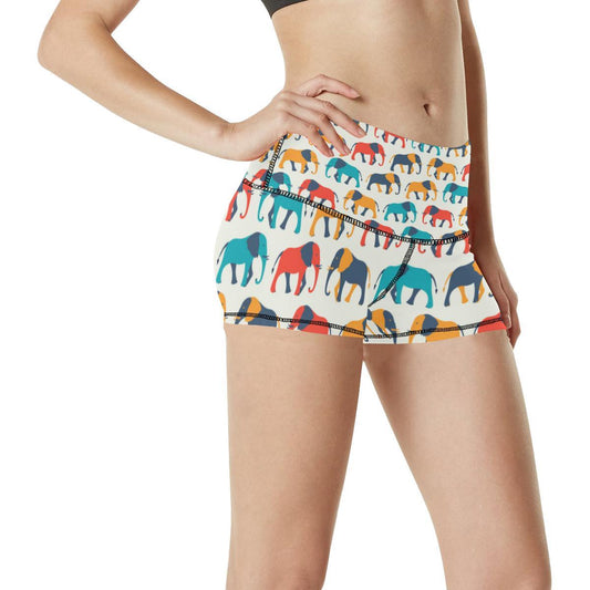 Elephant Colorful Print Pattern High Waisted Spandex Shorts-JTAMIGO.COM