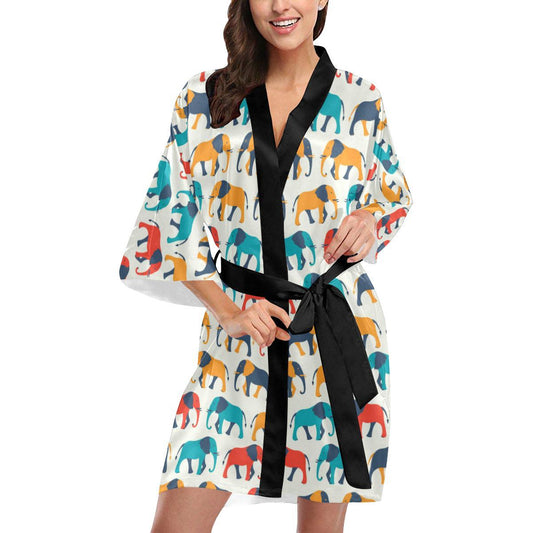 Elephant Colorful Print Pattern Women Short Kimono Robe
